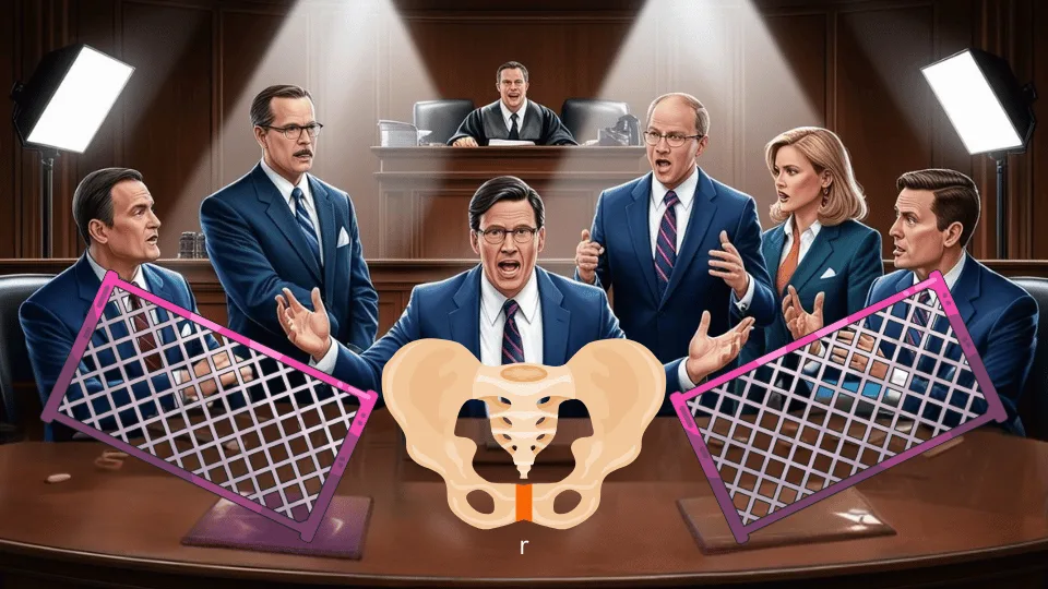 Transvaginal mesh lawyers depicted showing a female pelvis and bladder mesh implants to the judge in court.