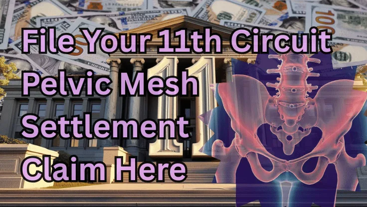 File Your 11th Circuit Pelvic Mesh Settlement Claim Here text on depiction of Eleventh Circuit court with pelvis xray and high-value cash backdrop.