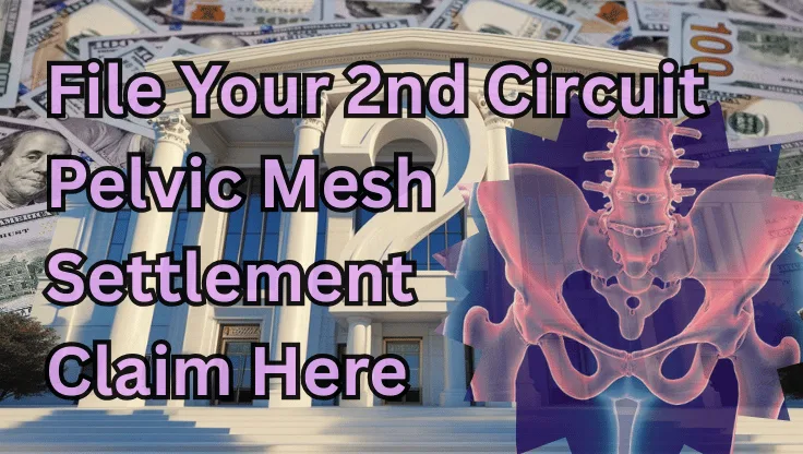 File Your 2nd Circuit Pelvic Mesh Settlement Claim Here text on depiction of Second Circuit court with pelvis xray and high-value cash backdrop.