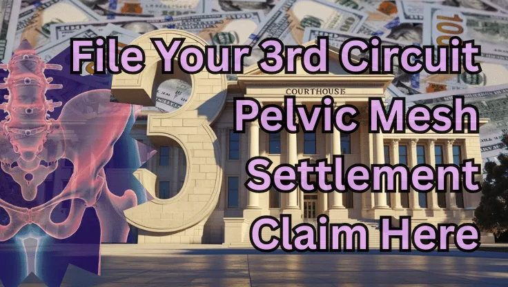 File Your 3rd Circuit Pelvic Mesh Settlement Claim Here text on depiction of Third Circuit court with pelvis xray and high-value cash backdrop.