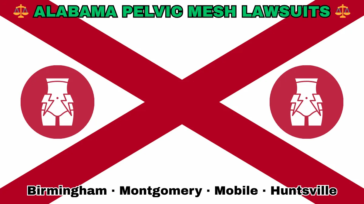 ALABAMA PELVIC MESH LAWSUITS: Birmingham, Montgomery, Mobile, and Huntsville text on AL state flag adorned with transvaginal bladder mesh depicted near a red St. Andrew's cross on a white background.