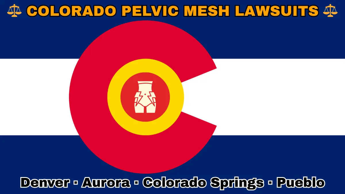 COLORADO PELVIC MESH LAWSUITS: Denver, Aurora, Colorado Springs, and Pueblo text on CO state flag adorned with transvaginal bladder mesh depicted near an old red "C" with a golden circle on blue and white stripes