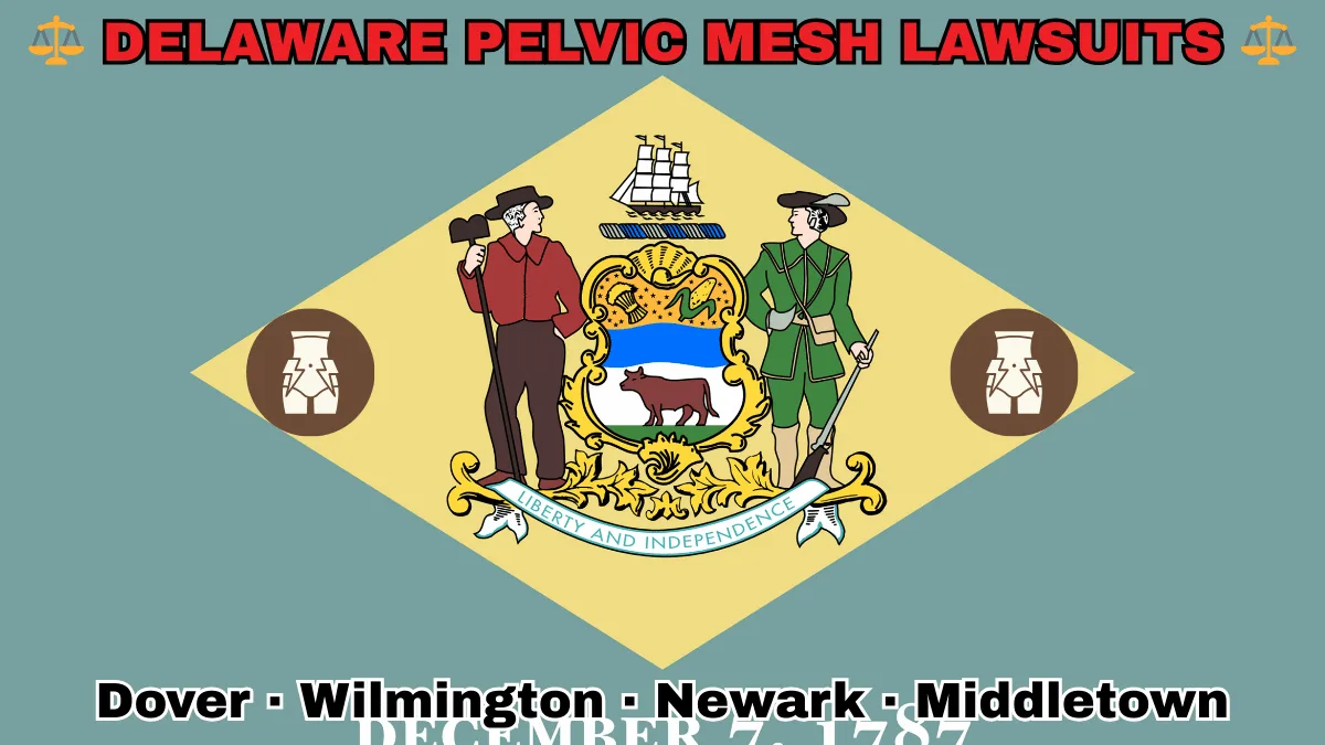 DELAWARE PELVIC MESH LAWSUITS: Dover, Wilmington, Newark, and Middletown text on DE state flag adorned with transvaginal bladder mesh depicted near a coat of arms and 1787 date