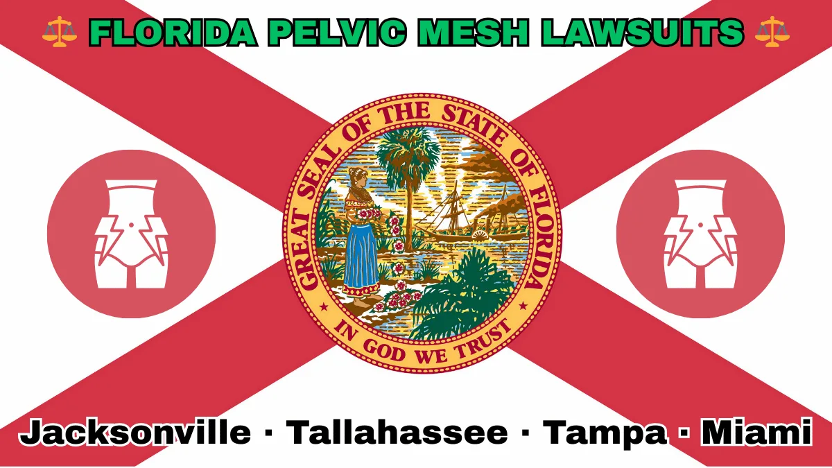 FLORIDA PELVIC MESH LAWSUITS: Jacksonville, Tallahassee, Tampa, and Miami text on FL state flag adorned with transvaginal bladder mesh depicted near a red cross and SEAL of a Seminole woman scattering flowers by a shoreline with a boat, palm trees, and sunlight.