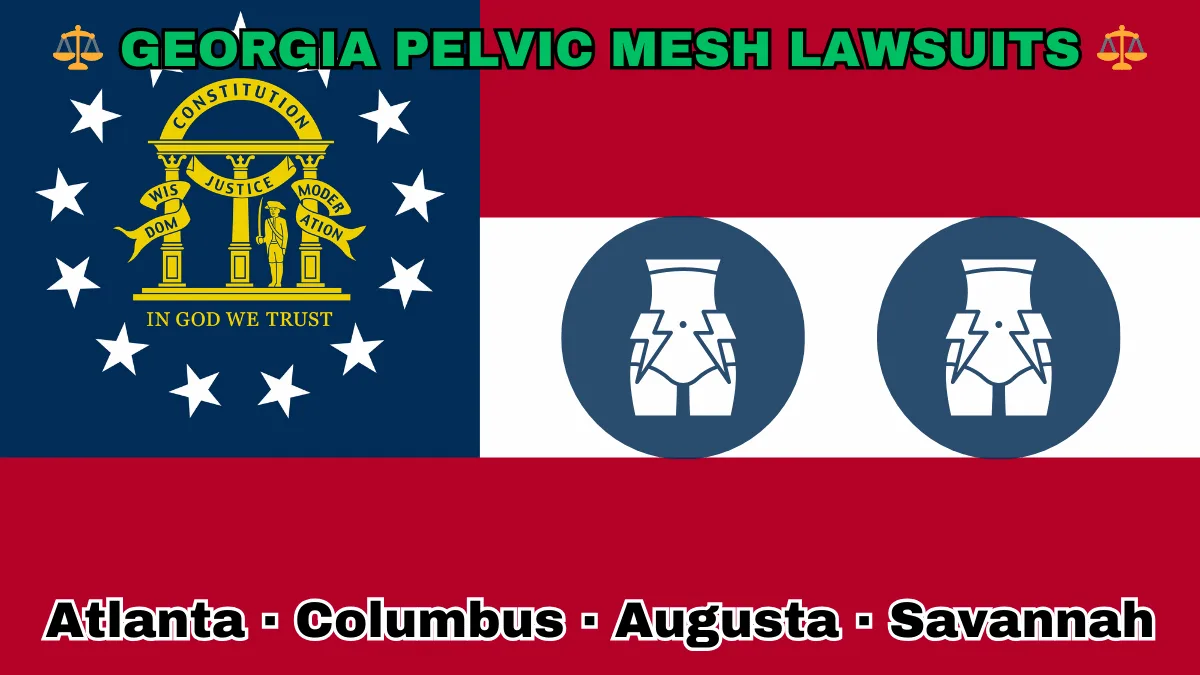 GEORGIA PELVIC MESH LAWSUITS: Atlanta, Columbus, Augusta, and Savannah text on GA state flag adorned with transvaginal bladder mesh depicted near a gold arch on blue canton with three pillars and 13 white stars, next to three thick red and white stripes.