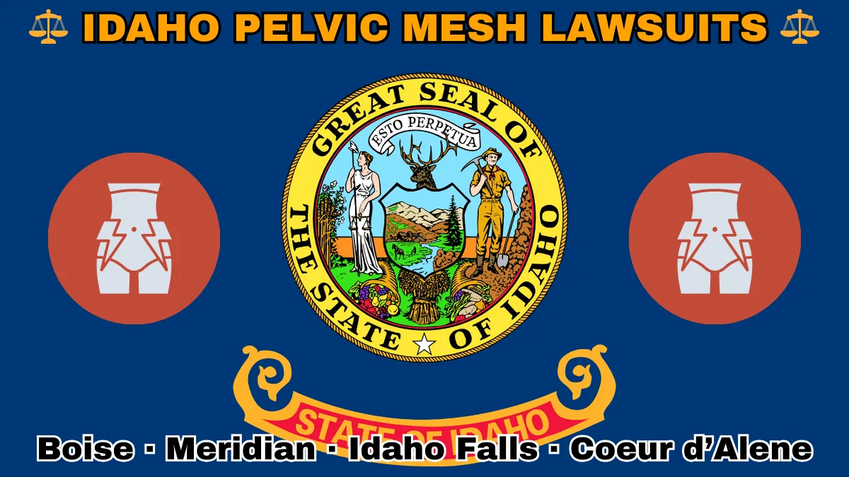IDAHO PELVIC MESH LAWSUITS: Boise, Meridian, Idaho Falls, and Coeur d’Alene text on ID state flag adorned with transvaginal bladder mesh depicted on a blue field near the official seal and banner