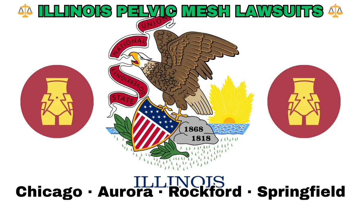 ILLINOIS PELVIC MESH LAWSUITS: Chicago, Aurora, Rockford, and Springfield text on IL state flag adorned with transvaginal bladder mesh depicted near a bald eagle perched on a rock and holding a shield, as the sun shines bright.