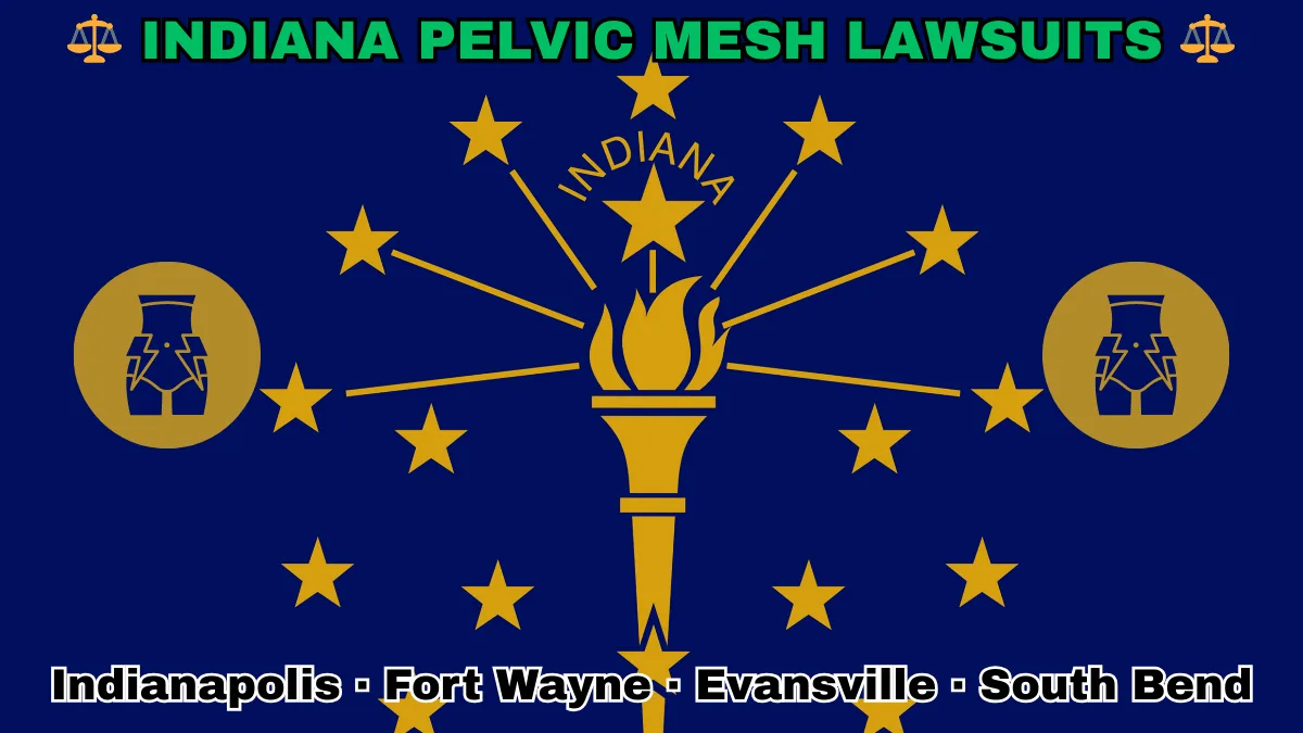 INDIANA PELVIC MESH LAWSUITS: Indianapolis, Fort Wayne, Evansville, and South Bend text on IN state flag adorned with transvaginal bladder mesh depicted near a gold torch and stars.