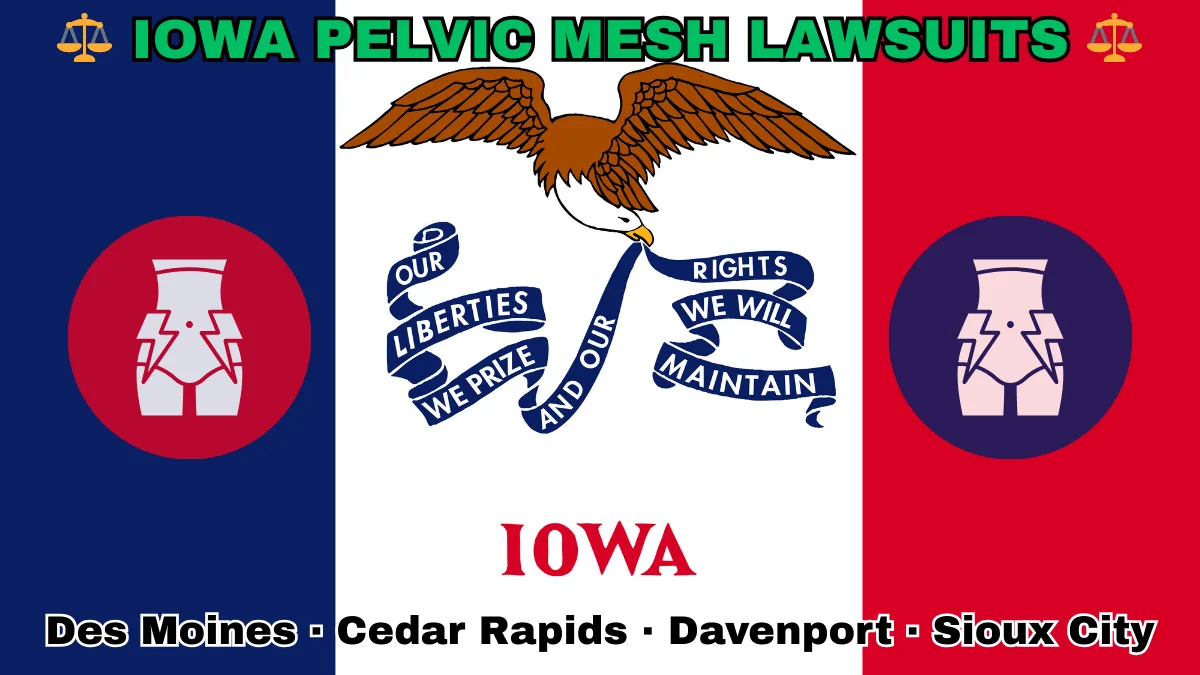 IOWA PELVIC MESH LAWSUITS: Boise, Meridian, Idaho Falls, Coeur d'Alene text on IA state flag adorned with transvaginal bladder mesh depicted along blue, white, and red vertical stripes near an eagle and banner