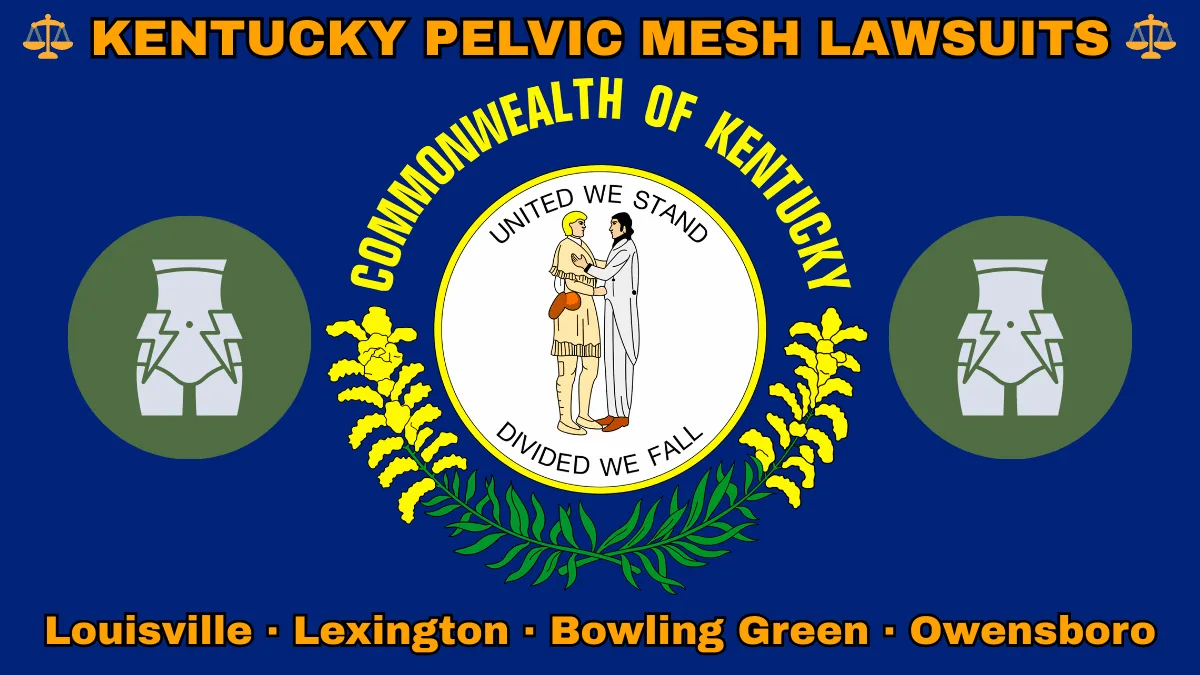 KENTUCKY PELVIC MESH LAWSUITS: Louisville, Lexington, Bowling Green, and Owensboro text on KY state flag adorned with transvaginal bladder mesh depicted on a blue field near the official seal and “UNITED WE STAND” motto