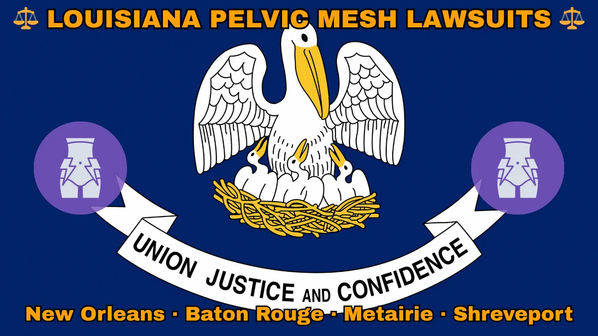 LOUISIANA PELVIC MESH LAWSUITS: New Orleans, Baton Rouge, Metairie, and Shreveport text on LA state flag adorned with transvaginal bladder mesh depicted near a pelican feeding chicks with motto “UNION, JUSTICE, CONFIDENCE"