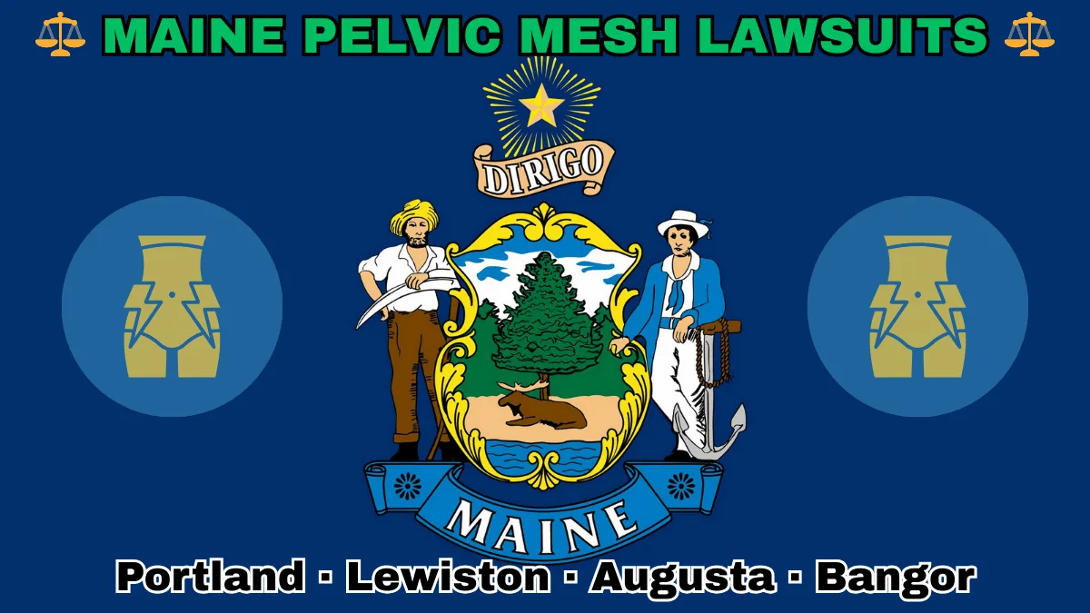 MAINE PELVIC MESH LAWSUITS: Portland, Lewiston, Augusta, and Bangor text on ME state flag adorned with transvaginal bladder mesh depicted on a blue field near a shield, pine tree, moose, and “DIRIGO” motto
