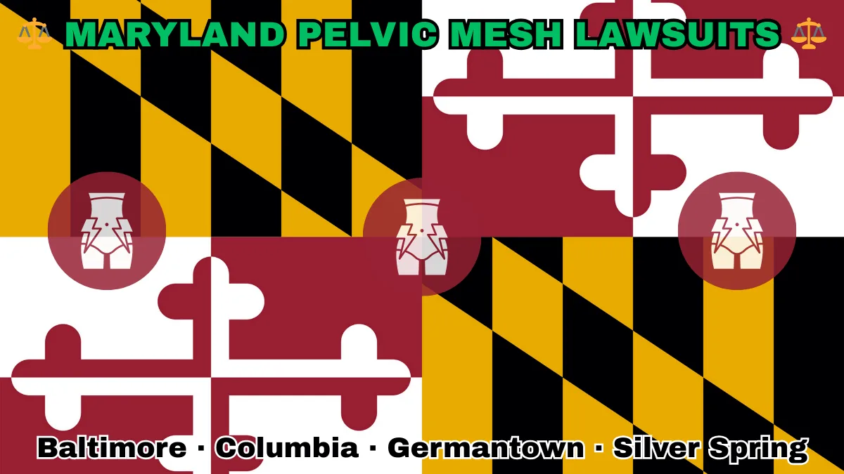 MARYLAND PELVIC MESH LAWSUITS: Baltimore, Columbia, Germantown, and Silver Spring text on MD state flag adorned with transvaginal bladder mesh depicted near red and white crosses, and black and gold checkered Calvert arms.