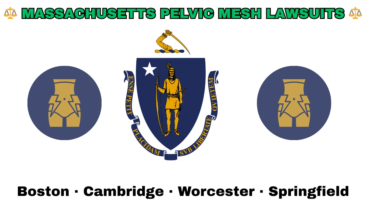 MASSACHUSETTS PELVIC MESH LAWSUITS: Boston, Cambridge, Worcester, and Springfield text on MA state flag adorned with transvaginal bladder mesh depicted near a shield featuring a Native American person with bow and arrow under a star and sword.