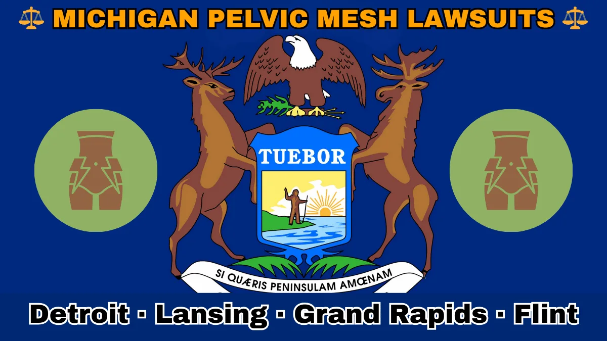 MICHIGAN PELVIC MESH LAWSUITS: Detroit, Lansing, Grand Rapids, and Flint text on MI state flag adorned with transvaginal bladder mesh depicted near an elk, moose and bald eagle flanking a shield featuring a man standing on a sunny lake with a raised hand and rifle.