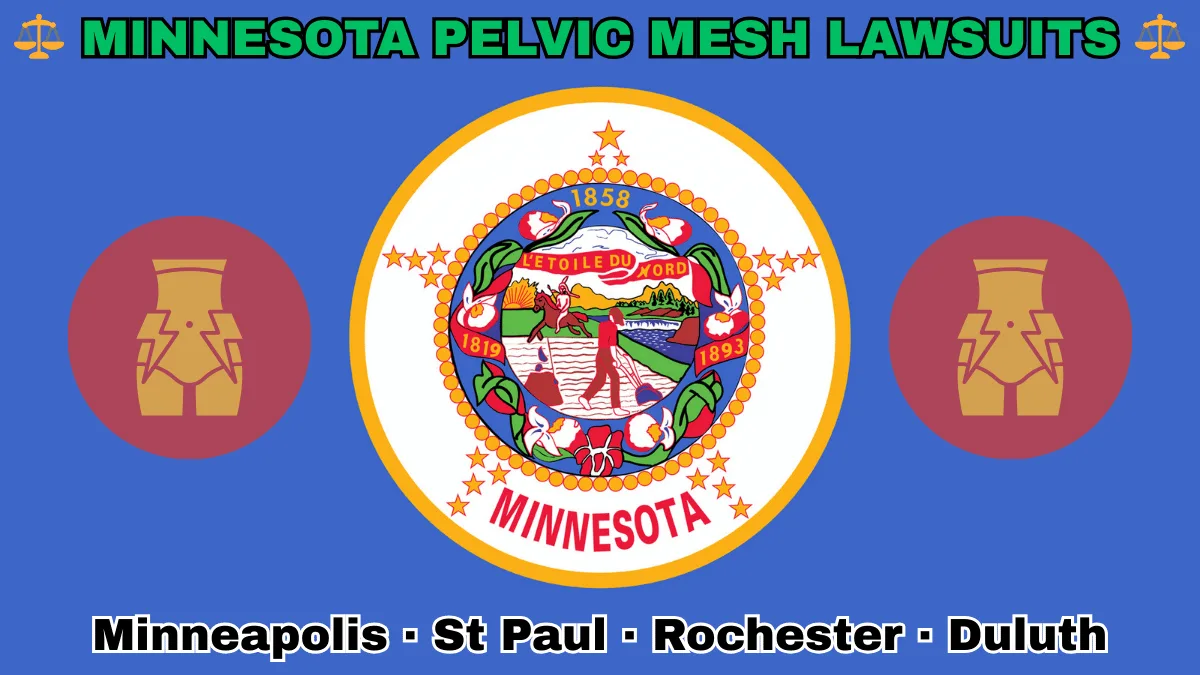 MINNESOTA PELVIC MESH LAWSUITS: Minneapolis, St Paul, Rochester, and Duluth text on MN state flag adorned with transvaginal bladder mesh depicted on blue background near the official seal featuring a wreath of pink-and-white lady’s slippers