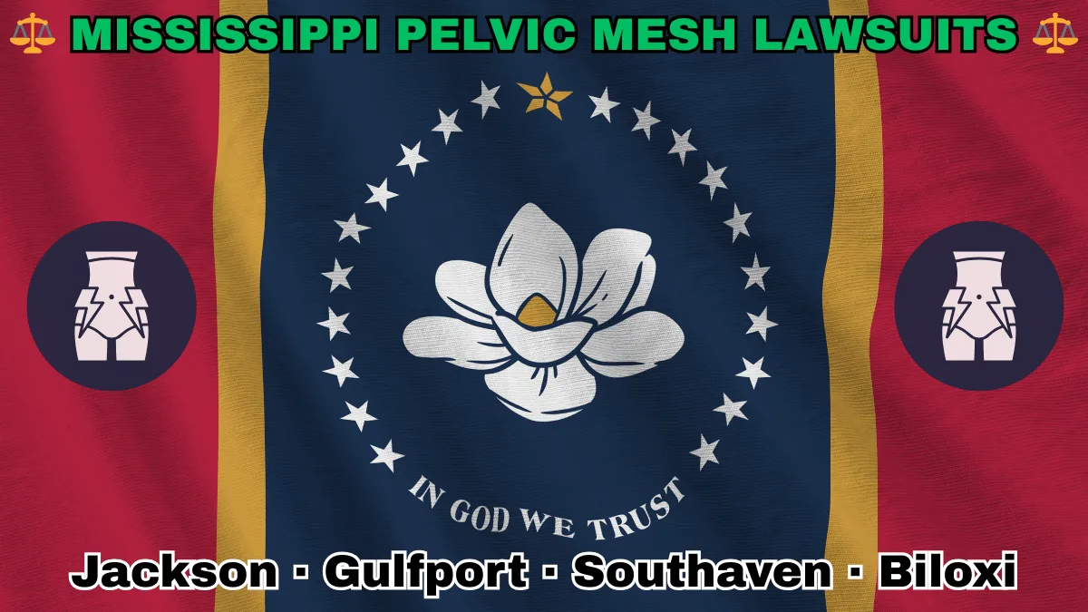 MISSISSIPPI PELVIC MESH LAWSUITS: Jackson, Gulfport, Southaven, and Biloxi text on MS state flag adorned with transvaginal bladder mesh depicted along red, gold, and blue stripes near magnolia blossom and stars