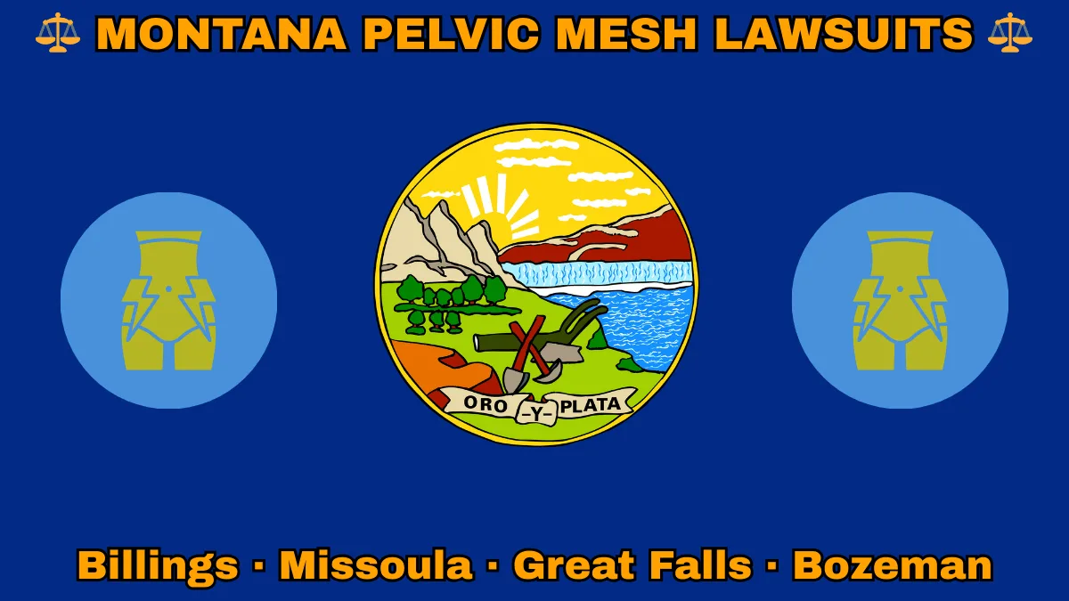 MONTANA PELVIC MESH LAWSUITS: Billings, Missoula, Great Falls, and Bozeman text on MT state flag adorned with transvaginal bladder mesh depicted on a blue field near official seal featuring a plow and mountains