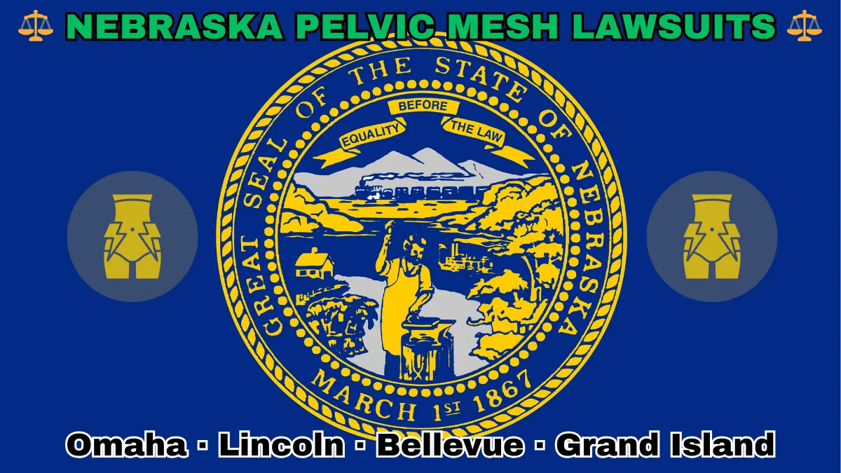 NEBRASKA PELVIC MESH LAWSUITS: Omaha, Lincoln, Bellevue, and Grand Island text on NE state flag adorned with transvaginal bladder mesh depicted on a dark blue field near the official seal in gold