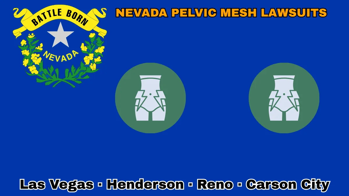NEVADA PELVIC MESH LAWSUITS: Las Vegas, Henderson, Reno, and Carson City text on NV state flag adorned with transvaginal bladder mesh depicted on a blue field near a silver star and “BATTLE BORN” motto