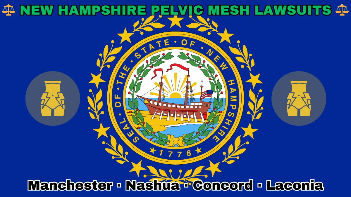 NEW HAMPSHIRE PELVIC MESH LAWSUITS: Manchester, Nashua, Concord, and Laconia text on NH state flag adorned with transvaginal bladder mesh depicted on blue field near a Portsmouth's frigate encircled by laurel leaves and stars