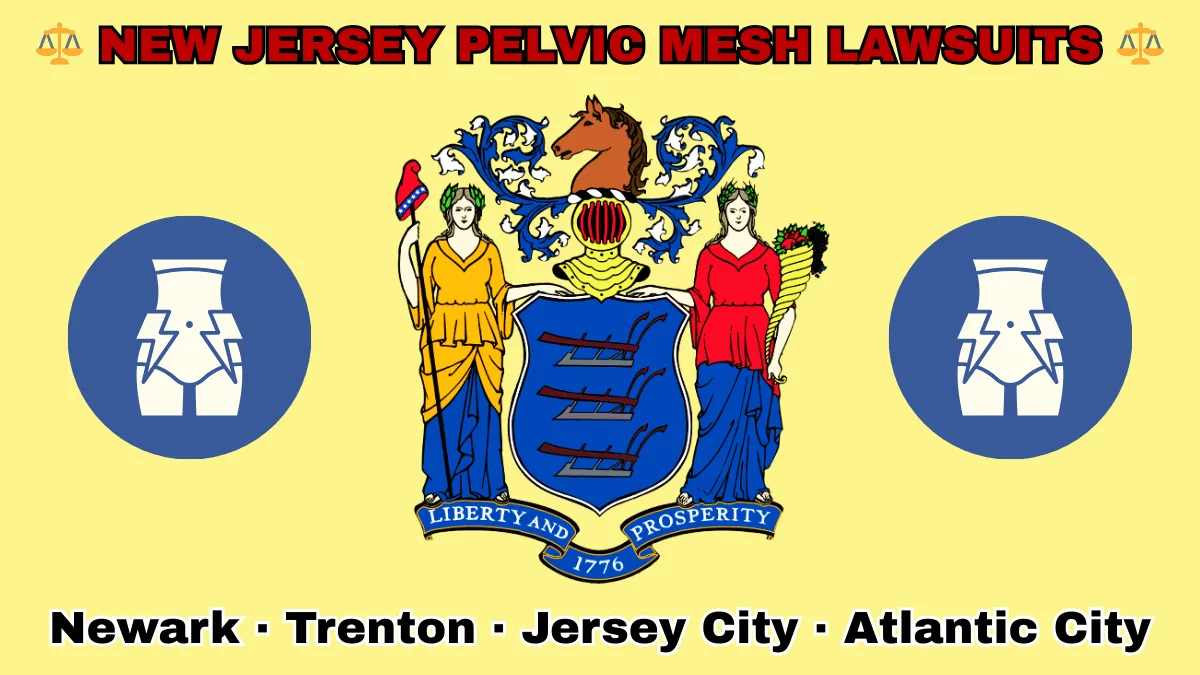 NEW JERSEY PELVIC MESH LAWSUITS: Newark, Trenton, Jersey City, and Atlantic City text on NJ state flag adorned with transvaginal bladder mesh depicted near a shield with three plows, the goddesses Liberty and Ceres, and a horse head.