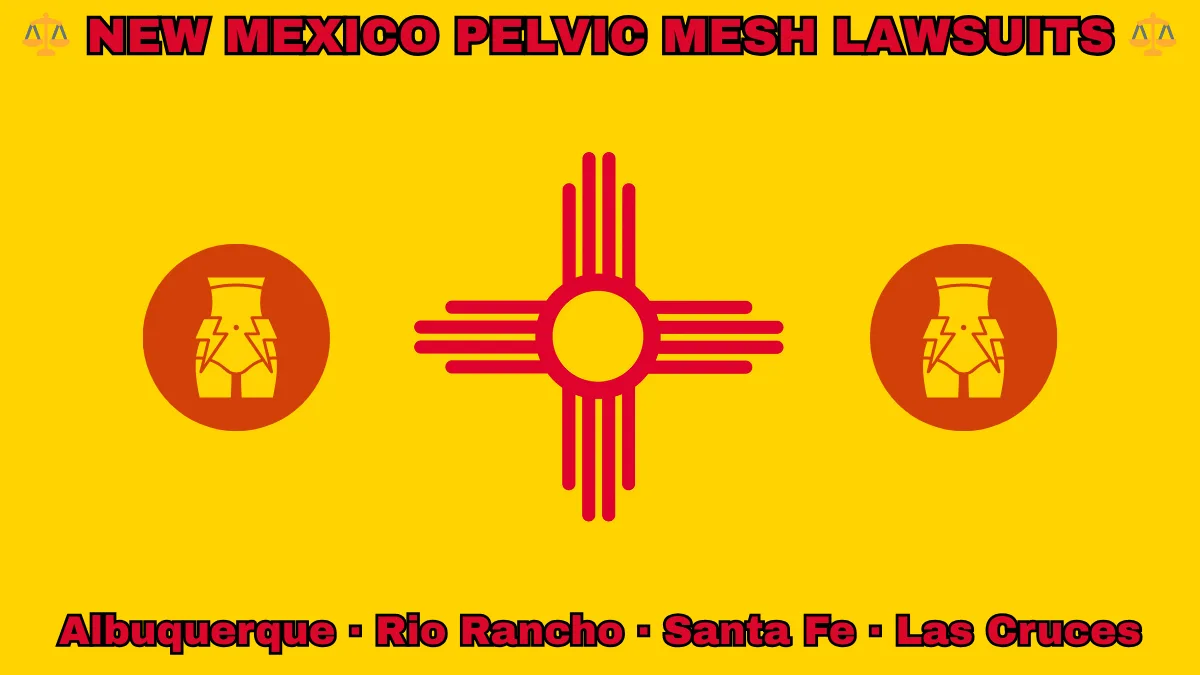 NEW MEXICO PELVIC MESH LAWSUITS: Albuquerque, Rio Rancho, Santa Fe, and Las Cruces text on NM state flag adorned with transvaginal bladder mesh depicted on a yellow background near a red Zia sun symbol