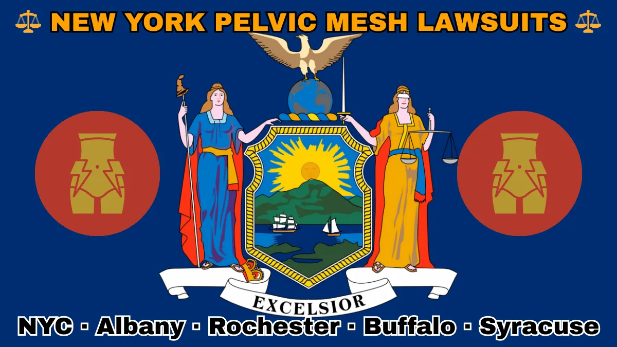 NEW YORK PELVIC MESH LAWSUITS: NYC, Albany, Rochester, Buffalo, and Syracuse text on NY state flag adorned with transvaginal bladder mesh depicted near Liberty and Justice holding a sword and scales, an eagle atop a globe, and a shield featuring the sun shining over the mountains onto Hudson River boaters.