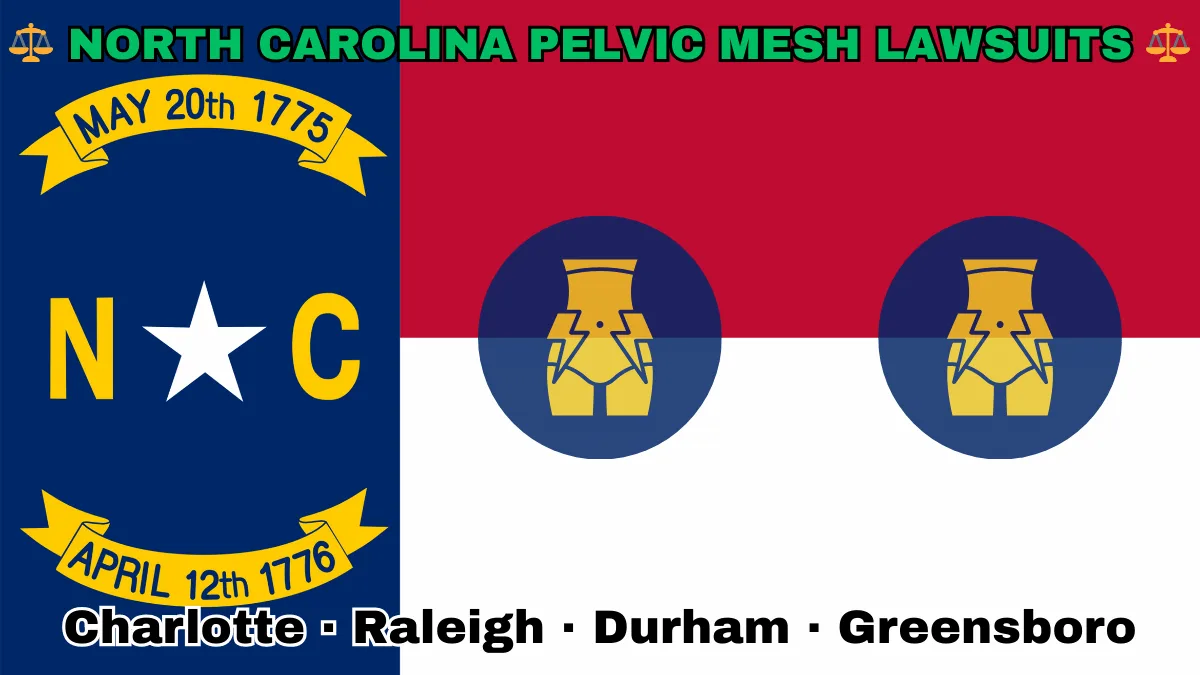 NORTH CAROLINA PELVIC MESH LAWSUITS: Charlotte, Raleigh, Durham, and Greensboro text on NC state flag adorned with transvaginal bladder mesh depicted near a star along blue, red and white color blocks.