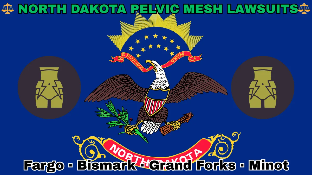NORTH DAKOTA PELVIC MESH LAWSUITS: Fargo, Bismark, Grand Forks, and Minot text on ND state flag adorned with transvaginal bladder mesh depicted on a blue field near a bald eagle, ribbon, and shield.