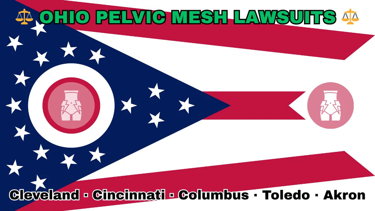 OHIO PELVIC MESH LAWSUITS: Cleveland, Cincinnati, Columbus, Toledo, and Akron text on OH state flag adorned with transvaginal bladder mesh depicted near a triangular swallowtail with red, white, and blue stripes and stars.