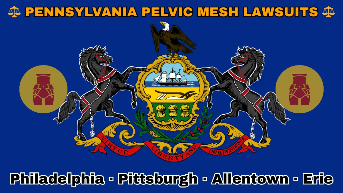 PENNSYLVANIA PELVIC MESH LAWSUITS: Philadelphia, Pittsburgh, Allentown, and Erie text on PA state flag adorned with transvaginal bladder mesh depicted near horses and an eagle flanking a shield featuring a ship, plow, and sheaves of wheat.
