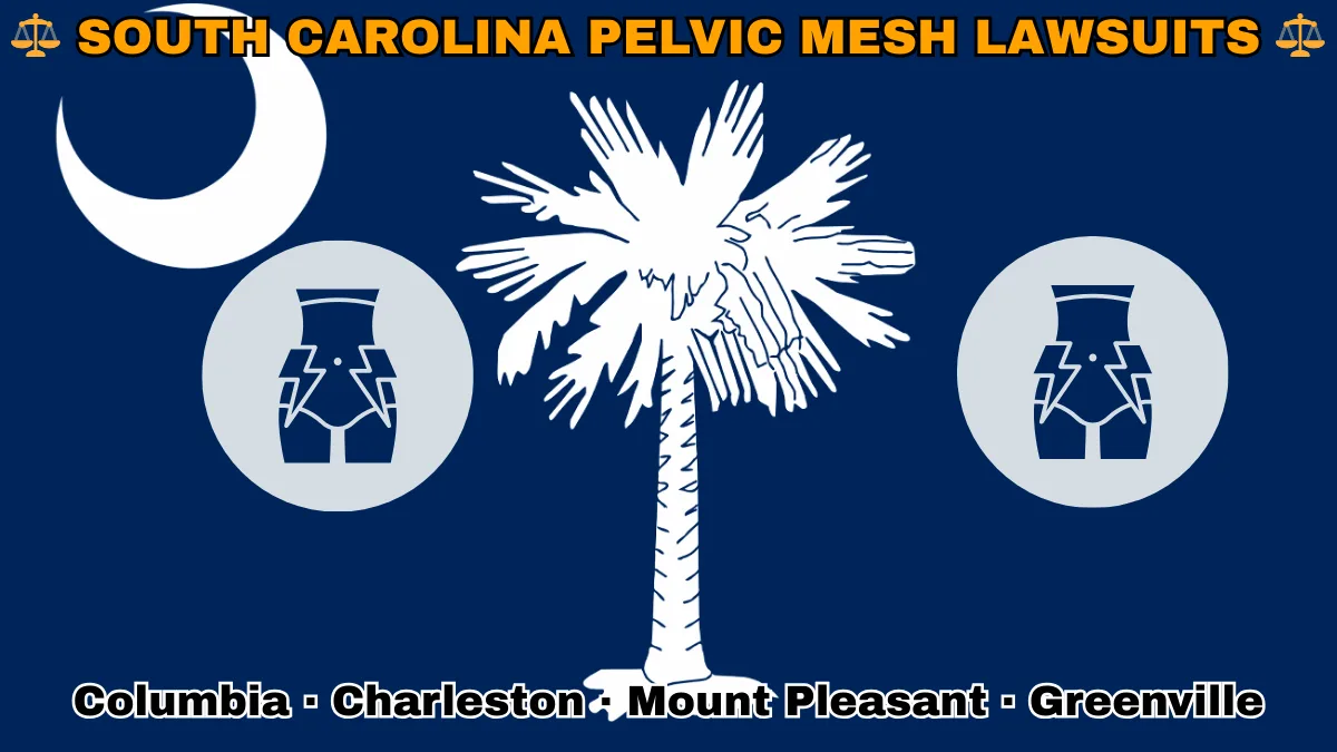 SOUTH CAROLINA PELVIC MESH LAWSUITS: Columbia, Charleston, Mount Pleasant, and Greenville text on SC state flag adorned with transvaginal bladder mesh depicted on a blue field near a white palmetto tree and crescent moon