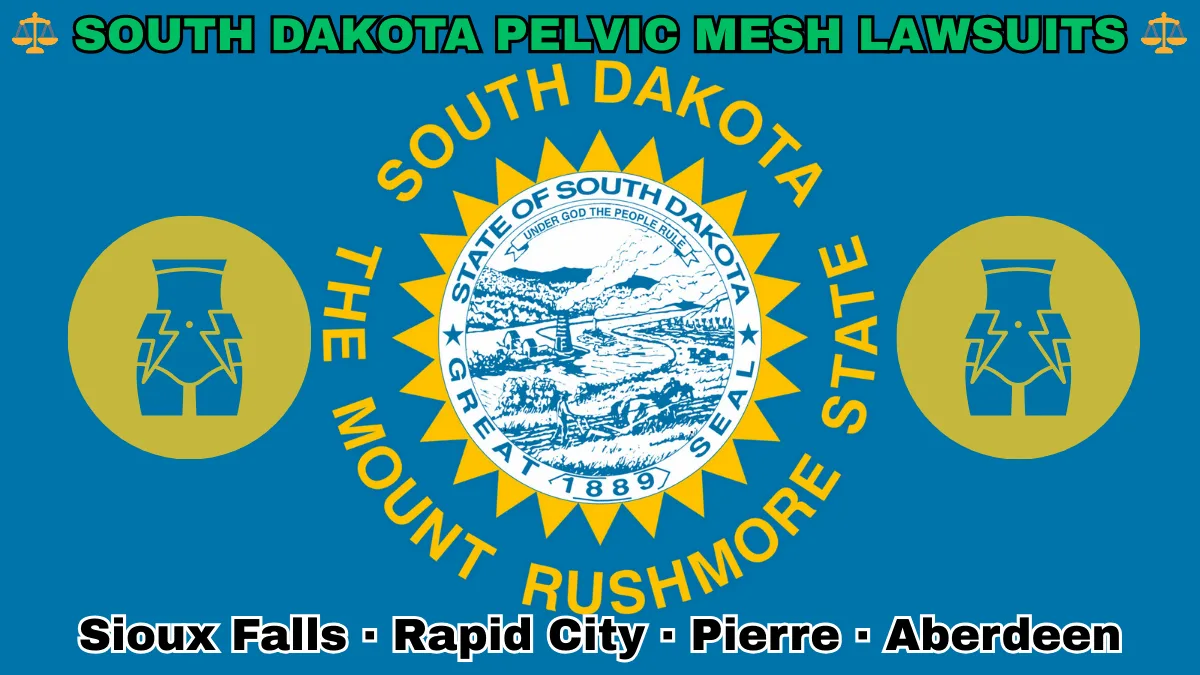 SOUTH DAKOTA PELVIC MESH LAWSUITS: Sioux Falls, Rapid City, Pierre, and Aberdeen text on SD state flag adorned with transvaginal bladder mesh depicted on a blue field near the official seal and words "THE MOUNT RUSHMORE STATE"