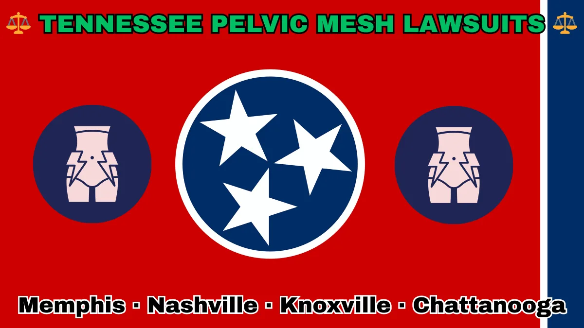 TENNESSEE PELVIC MESH LAWSUITS: Memphis, Nashville, Knoxville, and Chattanooga text on TN state flag adorned with transvaginal bladder mesh depicted on a red background near three white stars on a blue circle and vertical blue stripe.