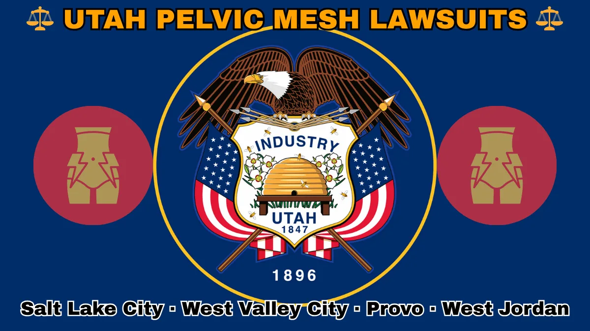 UTAH PELVIC MESH LAWSUITS: Salt Lake City, West Valley City, Provo, and West Jordan text on UT state flag adorned with transvaginal bladder mesh depicted on a blue field near a beehive, bald eagle, motto and date