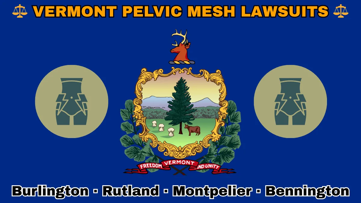 VERMONT PELVIC MESH LAWSUITS: Burlington, Rutland, Montpelier, and Bennington text on VT state flag adorned with transvaginal bladder mesh depicted on a blue field near the official coat of arms featuring a pine tree and cow