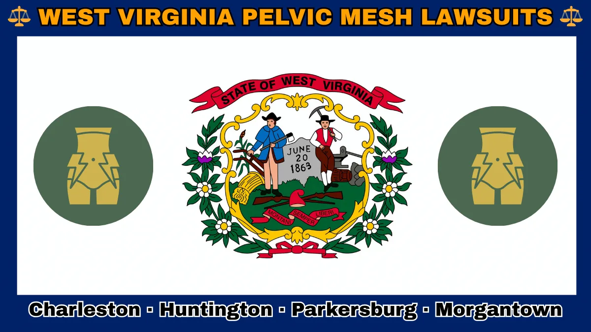 WEST VIRGINIA PELVIC MESH LAWSUITS: Charleston, Huntington, Parkersburg, and Morgantown text on WV state flag adorned with transvaginal bladder mesh depicted on a white field with blue border near the official seal encircled by rhododendrons