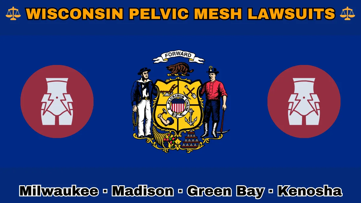 WISCONSIN PELVIC MESH LAWSUITS: Milwaukee, Madison, Green Bay, and Kenosha text on WI state flag adorned with transvaginal bladder mesh depicted near a sailor and miner flanking a shield featuring agriculture, mining, manufacturing, and navigation, a badger above, and a cornucopia and lead ingot.