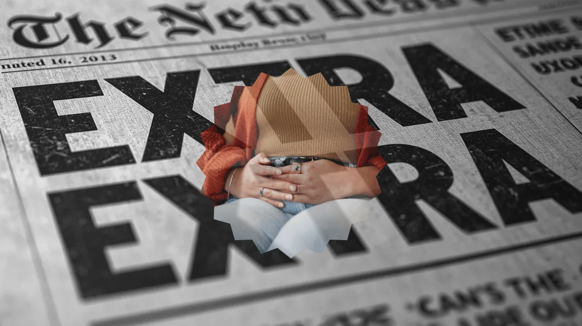 A woman with pelvic pain is shown on newspaper print reading 